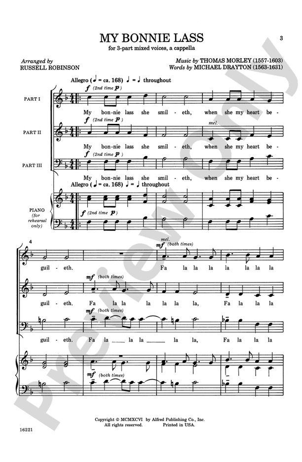 My Bonnie Lass – 3-Part Mixed, a cappella Choral Octavo (Digital Download)