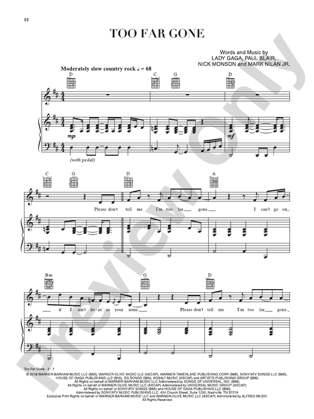 Too Far Gone (from A Star Is Born) - PVG (Digital Download)