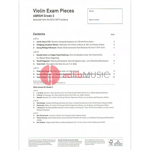 Violin Exam Pieces Grade 3, 2016-2019 - Score and Part - Various - Violin ABRSM