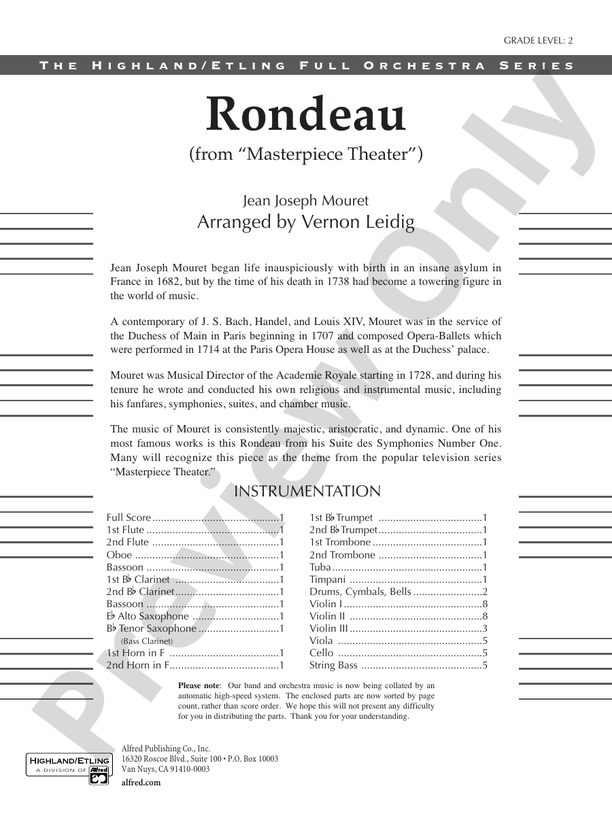 Rondeau (Theme from Masterpiece Theatre) – Full Orchestra Conductor Score & Parts (Digital Download)