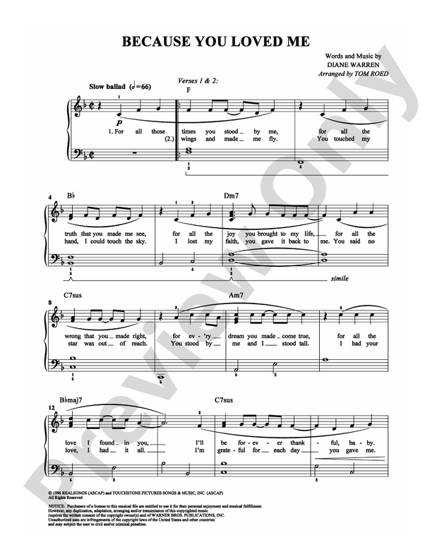 Because You Loved Me - Arr. Tom Roed - Easy Piano (Digital Download)