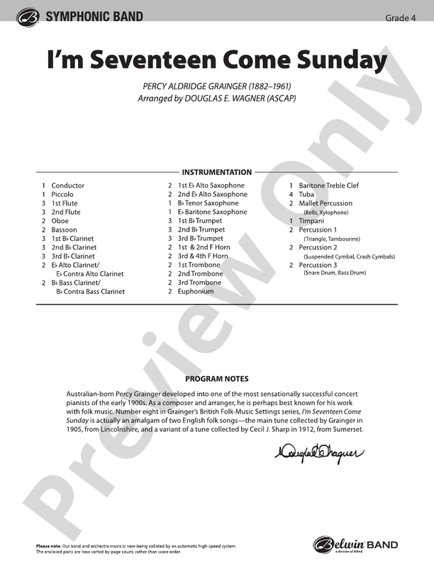 I'm Seventeen Come Sunday (Grade 4) - Concert Band Conductor Score & Parts (Digital Download)