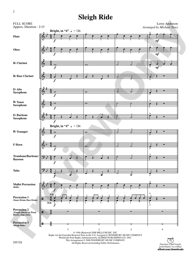 Sleigh Ride (Grade 1 Arr. Michael Story) - Concert Band Conductor Score & Parts (Digital Download)