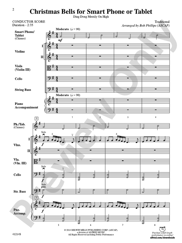 Christmas Bells for Smart Phone or Tablet – String Orchestra Conductor Score & Parts (Digital Download)