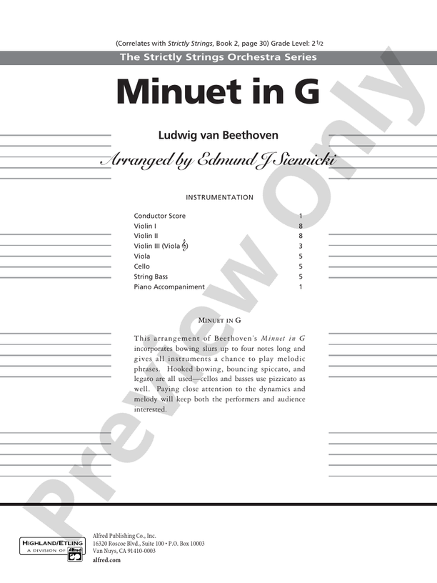 Minuet in G (Grade 2.5) – String Orchestra Conductor Score & Parts (Digital Download)