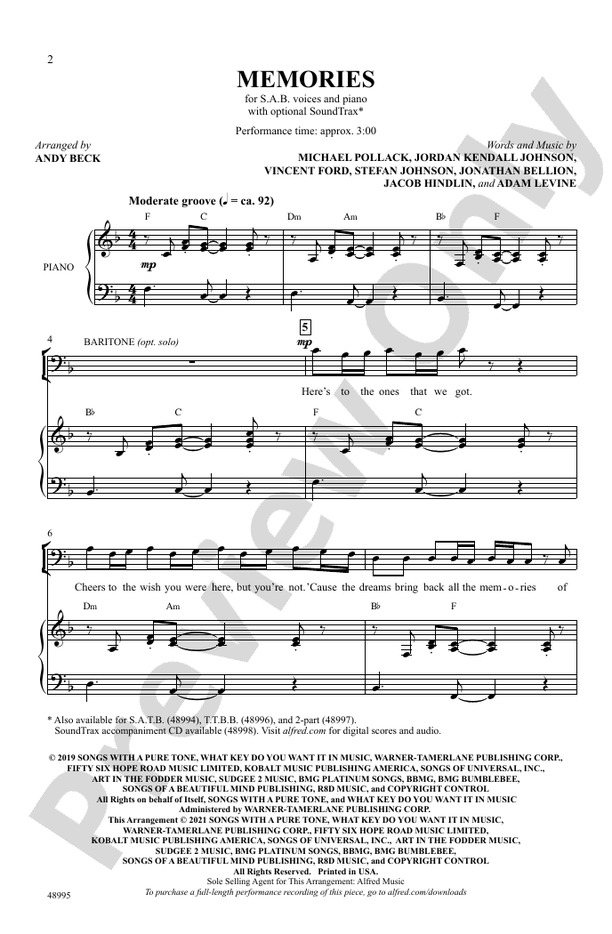 Memories - SAB Choral Octavo (Digital Download)