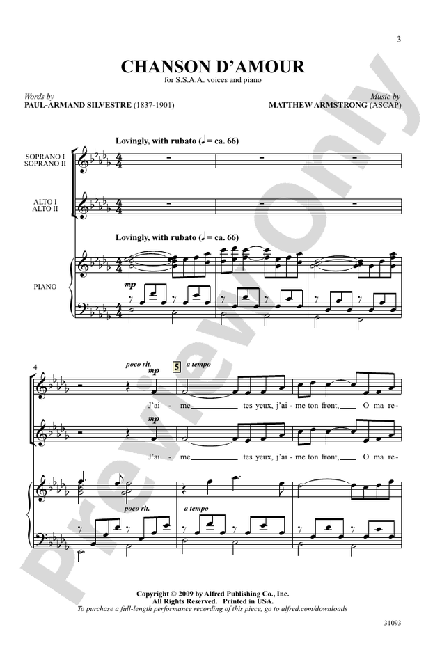 Chanson d'Amour – SSAA Choral Octavo (Digital Download)