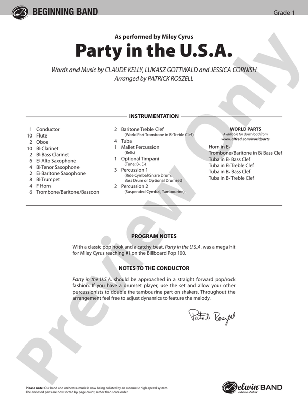 Party in the U.S.A. (Grade 1) - Concert Band Conductor Score & Parts (Digital Download)