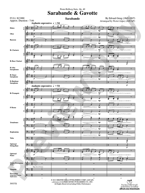 Sarabande & Gavotte (from the Holberg Suite, Op. 40) - Concert Band Conductor Score & Parts (Digital Download)