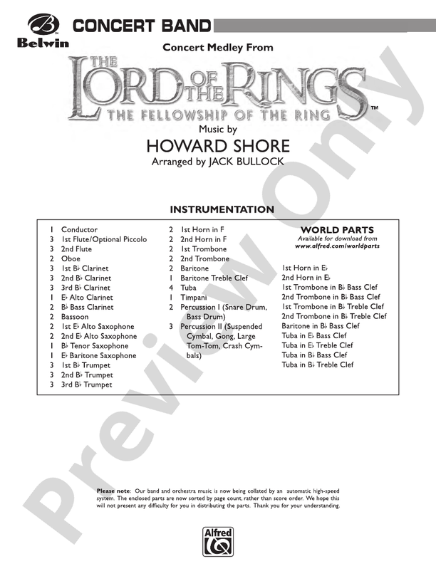 The Lord of the Rings: The Fellowship of the Ring, Concert Medley from - Concert Band Conductor Score & Parts (Digital Download)