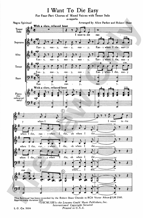 I Want to Die Easy – SATB Choral Octavo - Digital Sheet Music Download (Digital Download)