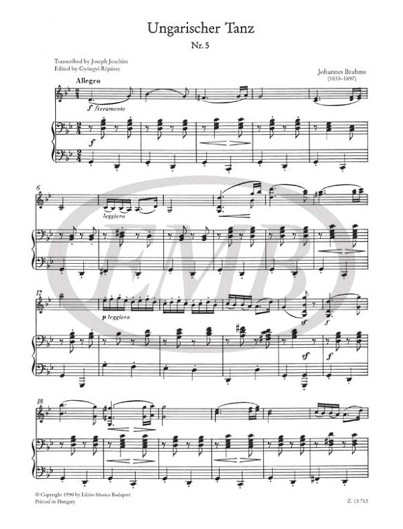 Brahms - Hungarian Dance #5 - Violin/Piano Accompaniment transcribed by Joachim EMB Z13713
