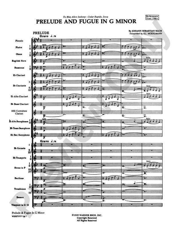 Prelude and Fugue in G Minor - Concert Band Conductor Score & Parts (Digital Download)