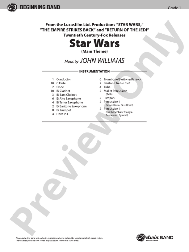 Star Wars Main Theme (Grade 1) - Concert Band Conductor Score & Parts (Digital Download)