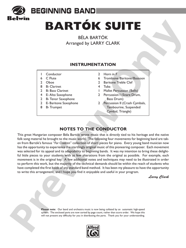 Bartok Suite (from For Children) - Concert Band Conductor Score & Parts (Digital Download)