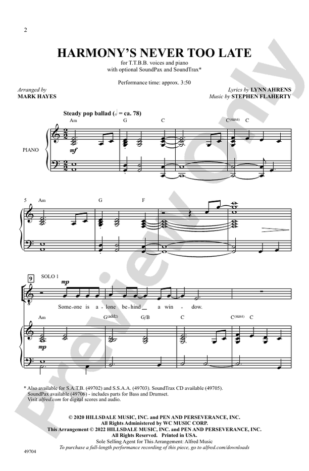 Harmony's Never Too Late - TTBB Choral Octavo (Digital Download)