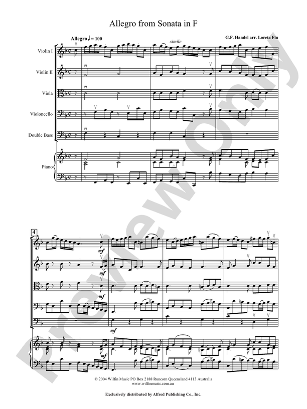 Allegro from Sonata in F - Arr. Loreta Fin – String Orchestra Conductor Score & Parts (Digital Download)