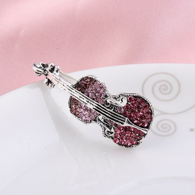 Brooch Violin Silver with BluePink Diamontes