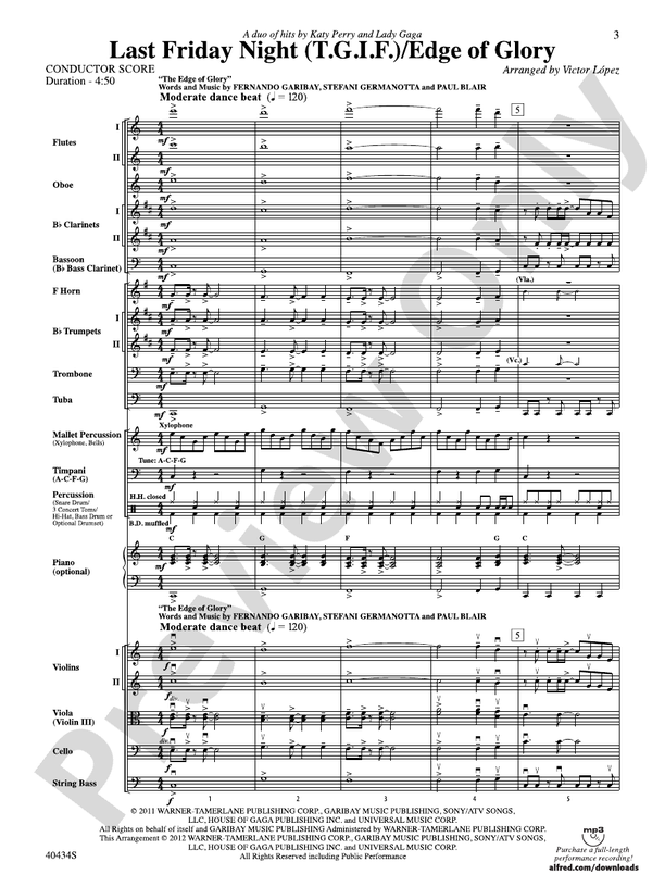 Last Friday Night (T.G.I.F.) / Edge of Glory - Full Orchestra Conductor Score & Parts (Digital Download)