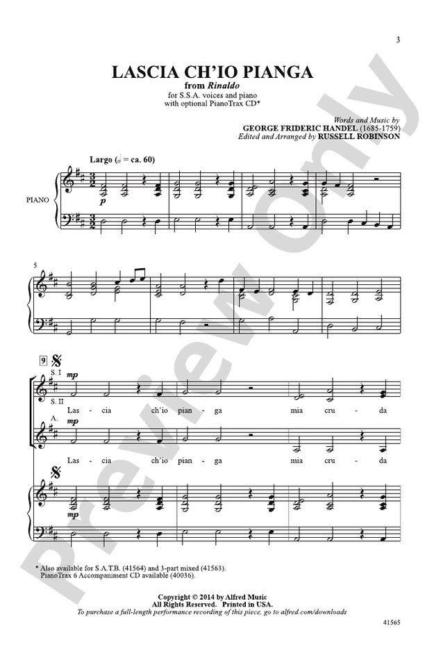 Lascia Ch'io Pianga (from Rinaldo) – SSA Choral Octavo (Digital Download)
