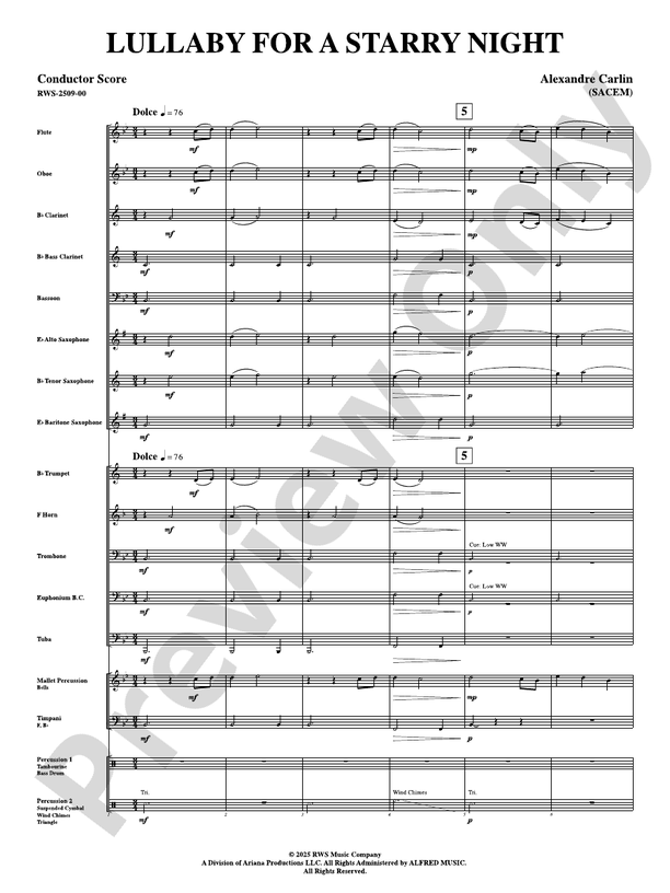Lullaby For A Starry Night - Concert Band Conductor Score & Parts(Digital Download)