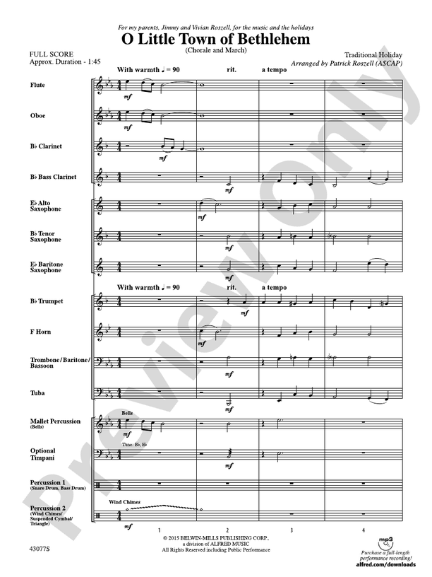O Little Town of Bethlehem (Grade 1) - Concert Band Conductor Score & Parts (Digital Download)