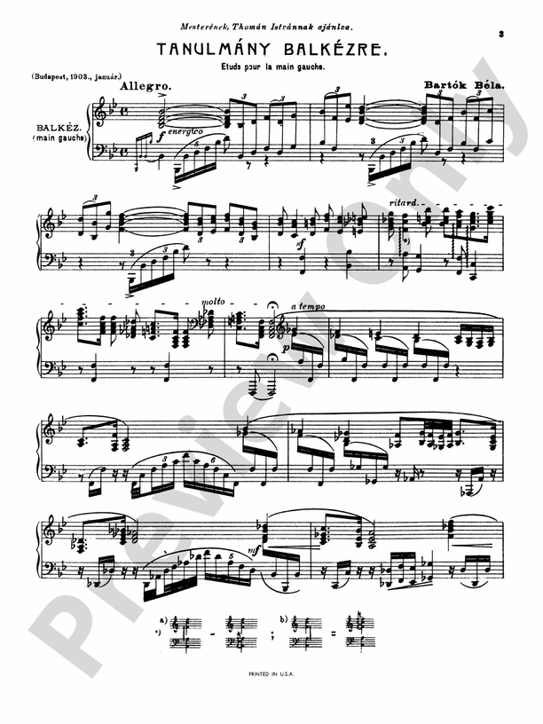 Bartok - Etude for the Left Hand - Piano Solo (Digital Download)