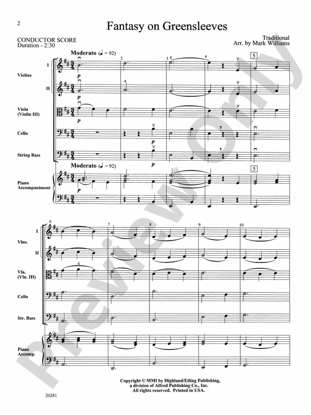 Fantasy on Greensleeves – String Orchestra Conductor Score & Parts (Digital Download)