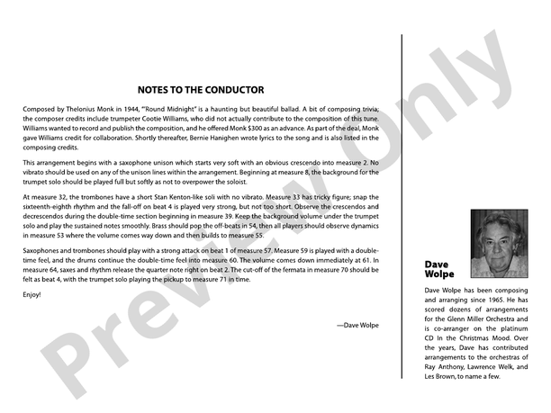 Round Midnight (Grade 4) - Jazz Ensemble Conductor Score & Parts(Digital Download)