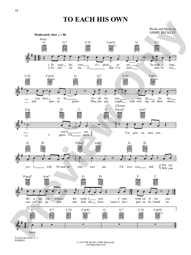 To Each His Own - Interm./Easy Guitar TAB (Digital Download)