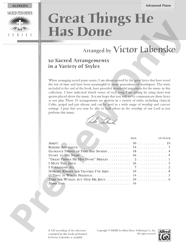 Great Things He Has Done: 10 Sacred Arrangements in a Variety of Styles - Piano (Digital Download)