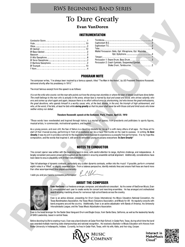 To Dare Greatly - Concert Band Conductor Score & Parts (Digital Download)