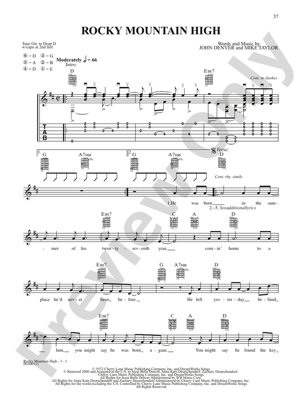 Rocky Mountain High - Interm./Easy Guitar TAB (Digital Download)