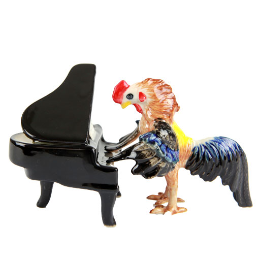 Porcelain Rooster Playing the Brown or Black Piano