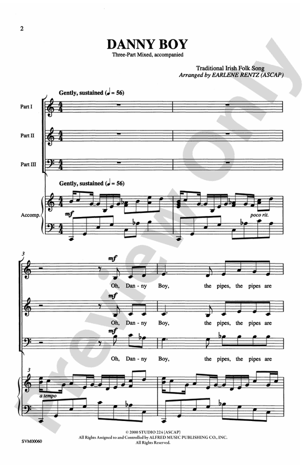 Danny Boy - Arr. Earlene Rentz – 3-Part Mixed Choral Octavo (Digital Download)