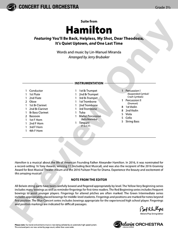 Hamilton, Suite from - Full Orchestra Conductor Score & Parts (Digital Download)
