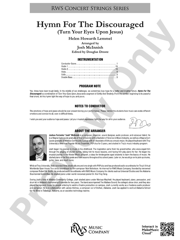 Hymn for the Discouraged - Turn Your Eyes Upon Jesus - String Orchestra Conductor Score & Parts (Digital Download)