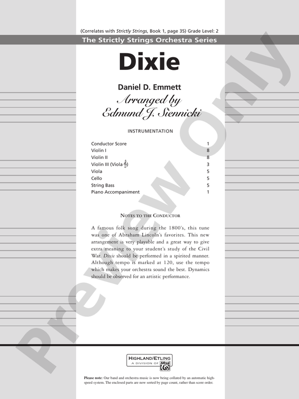 Dixie – String Orchestra Conductor Score & Parts (Digital Download)