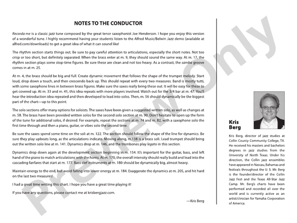 Recorda me (Grade 3.5) - Jazz Ensemble Conductor Score & Parts (Digital Download)