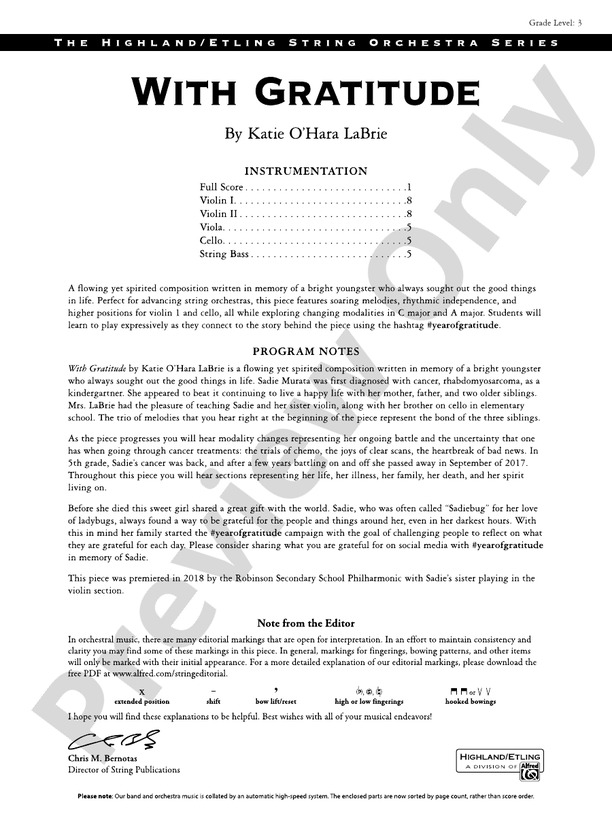 With Gratitude - String Orchestra Conductor Score & Parts (Digital Download)