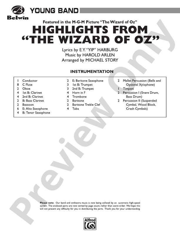 The Wizard of Oz, Highlights from - Concert Band Conductor Score & Parts (Digital Download)