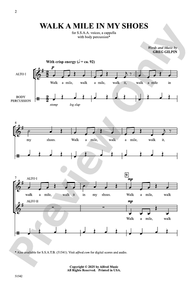 Walk a Mile in My Shoes - SSAA Choral Octavo (Digital Download)