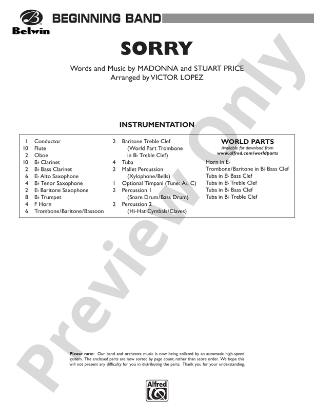 Sorry (Grade 3) - Concert Band Conductor Score & Parts (Digital Download)