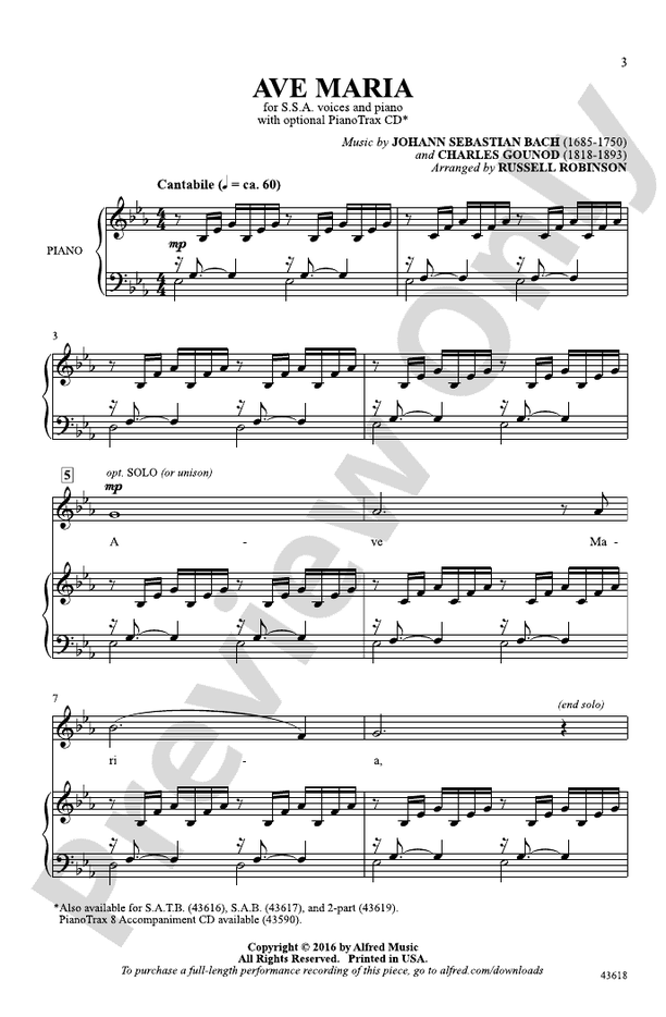 Ave Maria - Arr. Bach/Gounod – SSA Choral Octavo (Digital Download)