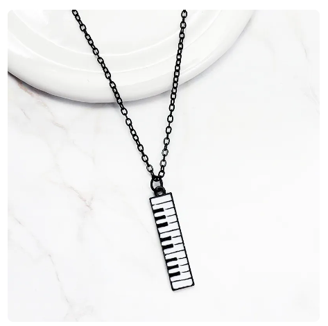 Black Keyboard Pendant with White Keys and a Black Chain