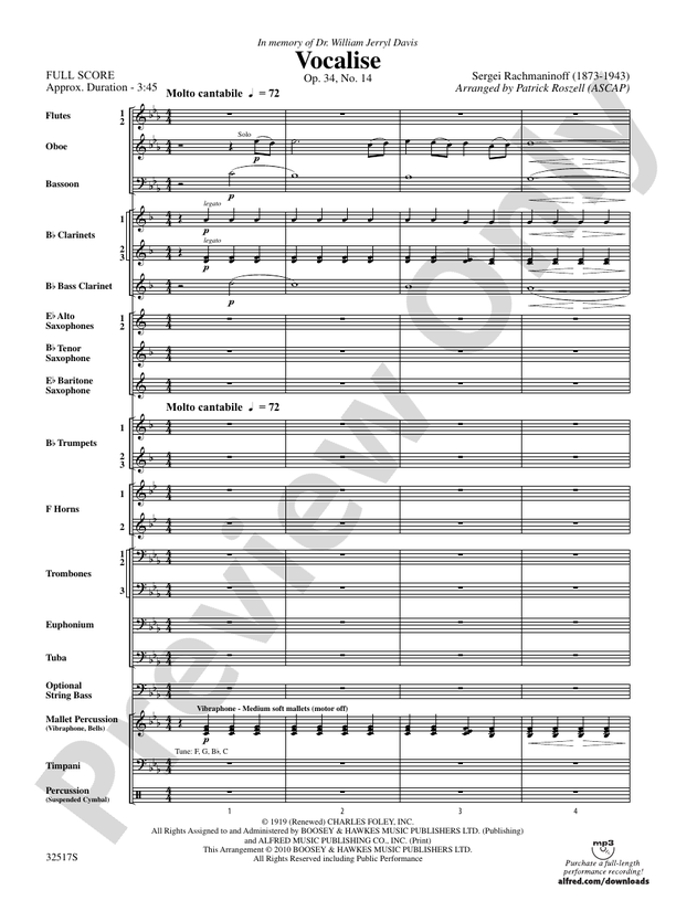 Vocalise, Op. 34, No. 14 - Concert Band Conductor Score & Parts (Digital Download)