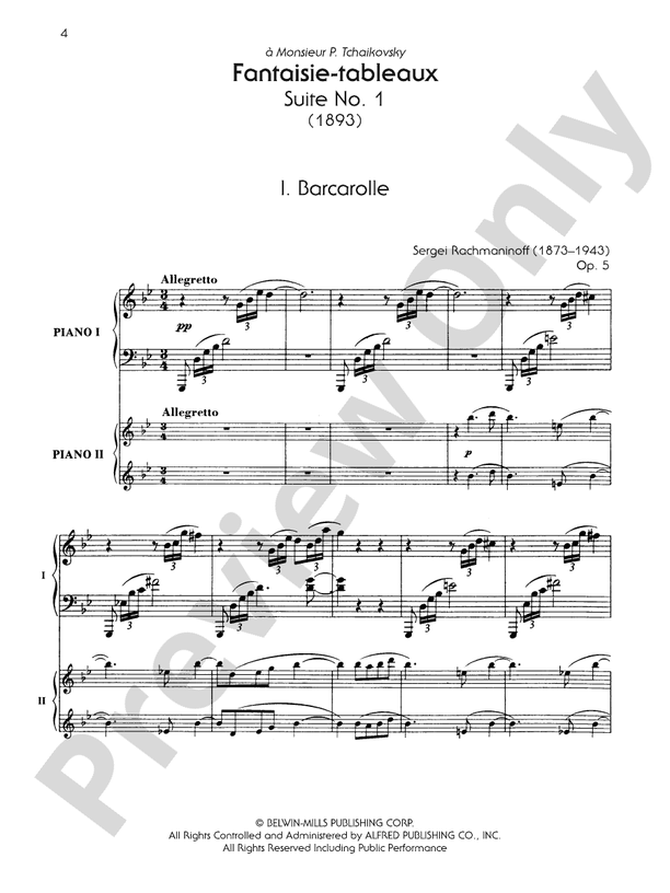 Fantaisie-tableaux (Suite No. 1), Opus 5 - I. Barcarolle - 2 Pianos, 4 Hands (Digital Download)