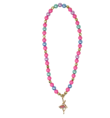 Ballerina Necklace with Pink, Blue and Gold Beads 1.7W x 3.4H x 0.8D cm