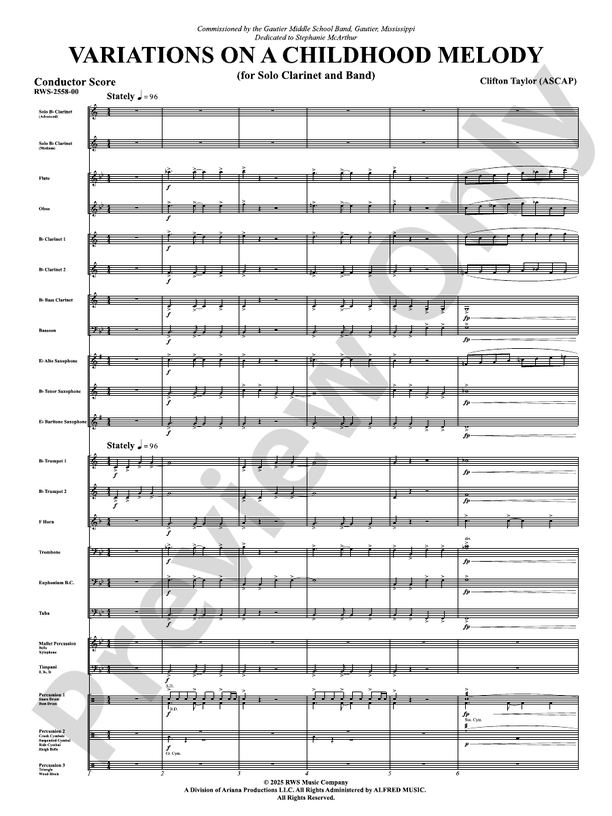 Variation On A Childhood Melody (for Solo Clarinet and Band) - Concert Band Conductor Score & Parts(Digital Download)