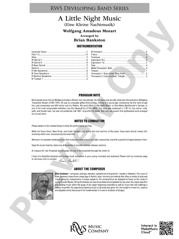 A Little Night Music - (Eine Kleine Nachtmusik) - Concert Band Conductor Score & Parts (Digital Download)